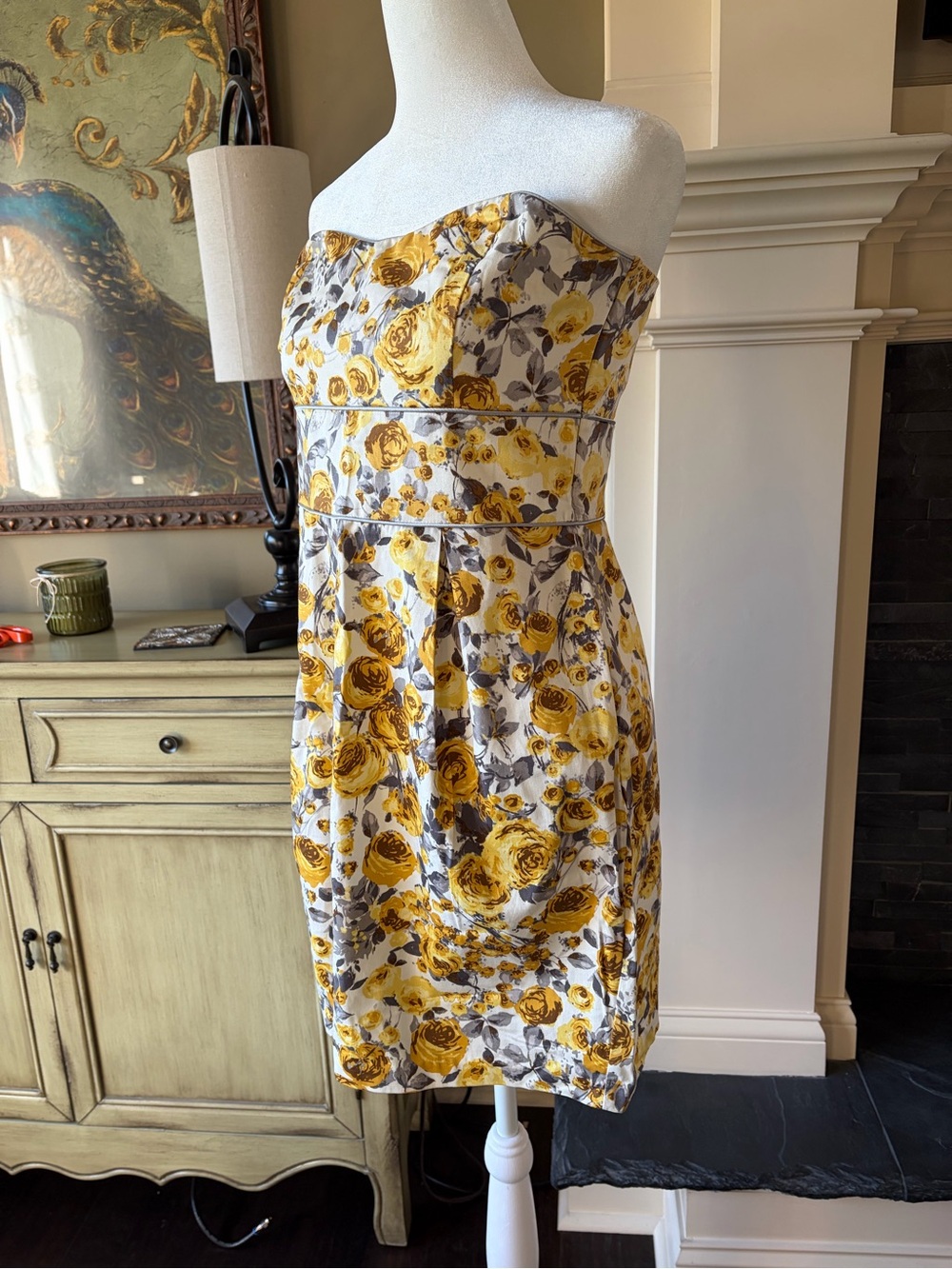 B. Smart Yellow/Gray Floral Strapless Sundress Sz 10 Cotton Pockets Vintage Y2K - Picture 3 of 10